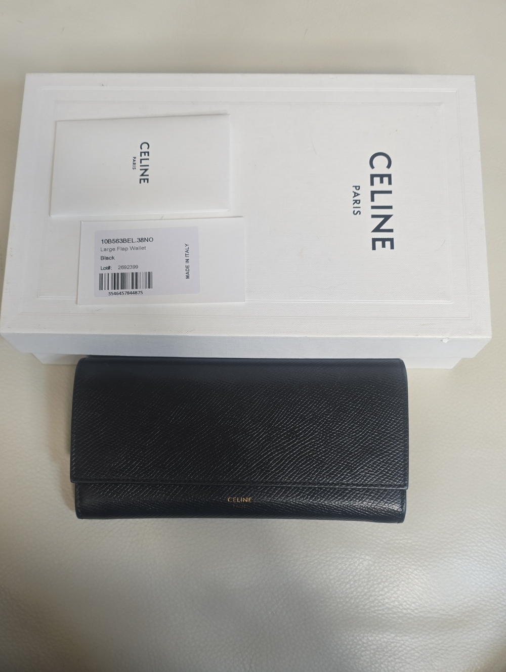 Celine Black Textured Leather Long Flap Wallet with Gold Logo